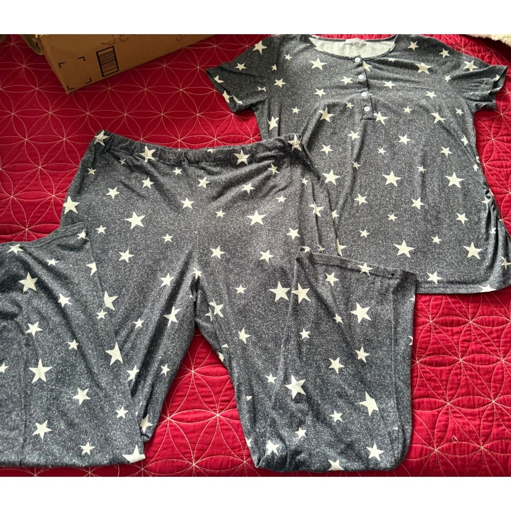 Ekouaer Womens Star Print Pajama Set Gray‎ Henley Top and Long Pants Medium